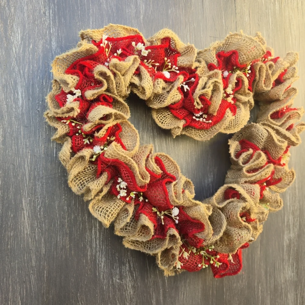 Handmade Rustic Heart-Shaped Burlap and Red Wreath Valentine's Day Wall Hanger